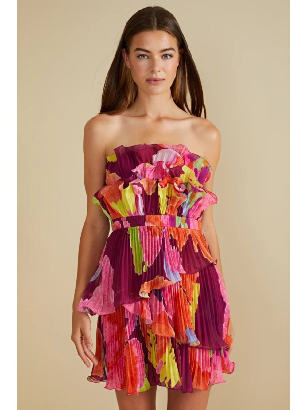 AMUR Massie Strapless Mini Dress Size 4 Purple Floral Pleated Ruffle A-Line - Picture 7 of 14